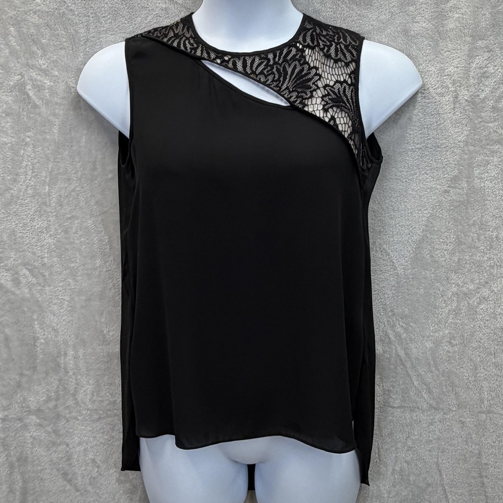 BCBGMAXAZRIA Blouse Womens M Black Sheer Keyhole Chiffon Party Cocktail